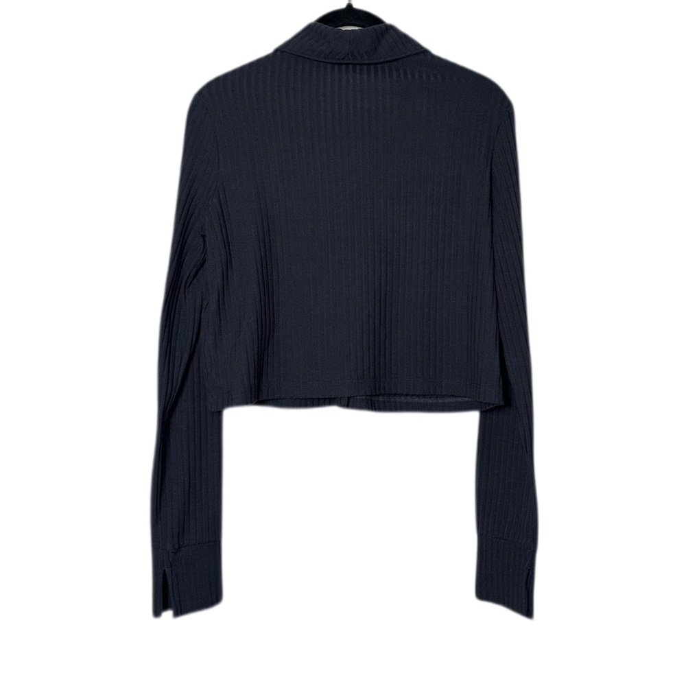 Black Ribbed Button-Front Crop Sweater - Picture 3 of 16